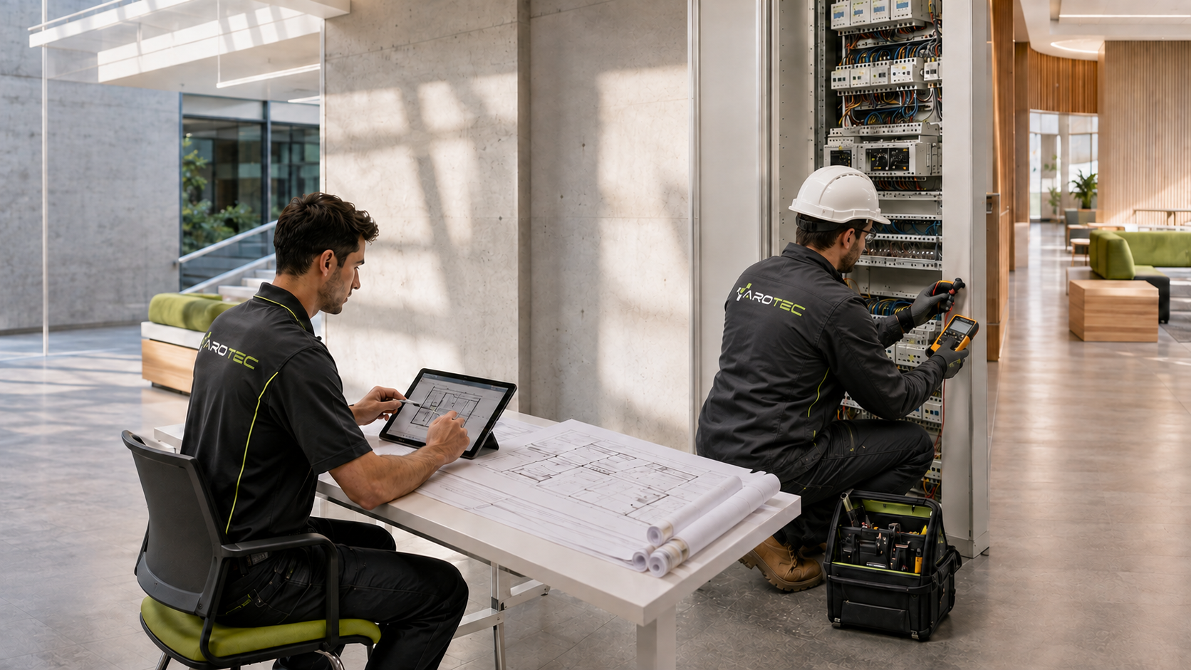 Technicien AROTEC réalisant des mesures sur une armoire électrique pendant la préparation du chantier