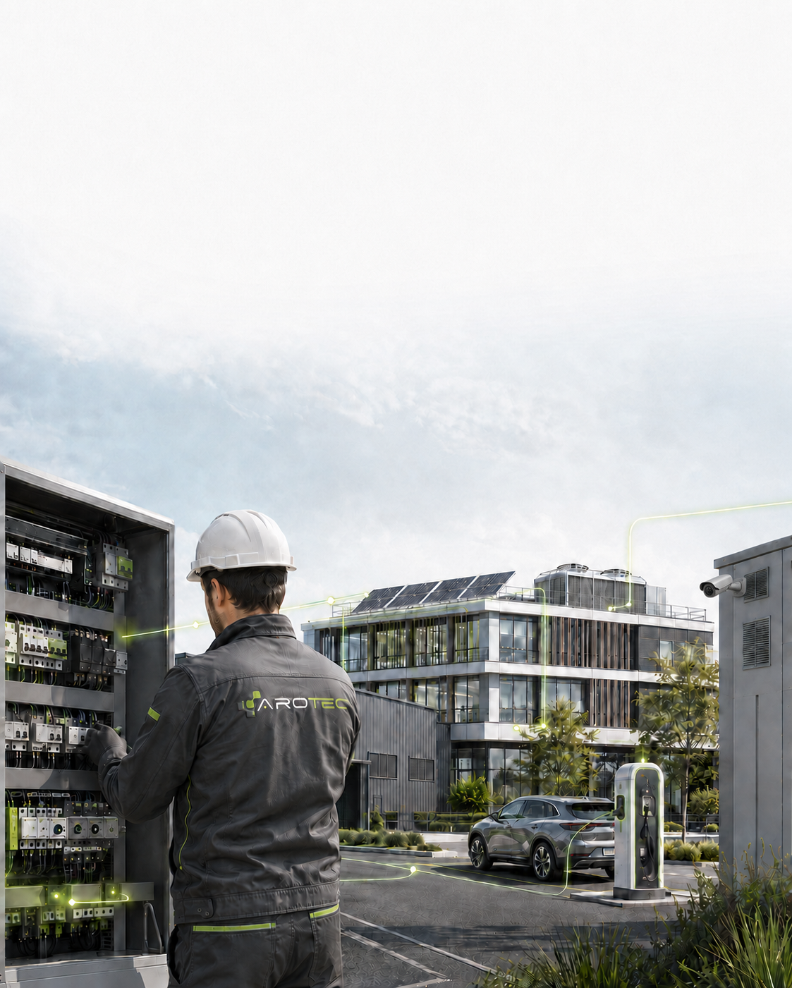 Technicien AROTEC intervenant sur une installation électrique et caméra de vidéoprotection intégrée au bâtiment
